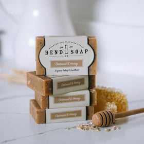 Bend Soap Company front packaging shows four oatmeal and honey bars, natural benefits