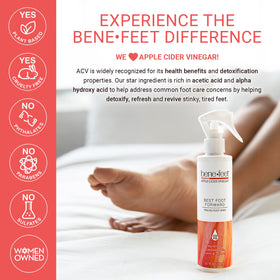 Benefeet spray being applied to heel demonstrating targeted exfoliation benefit