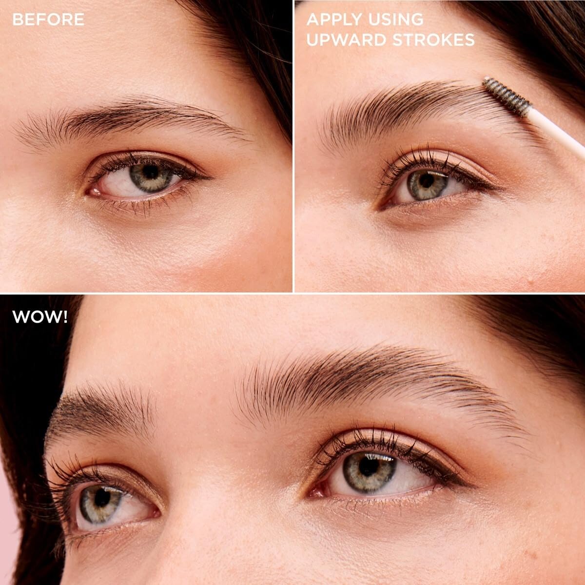 Benefit side-by-side before and after brows showing fuller, natural-feathered finish benefit