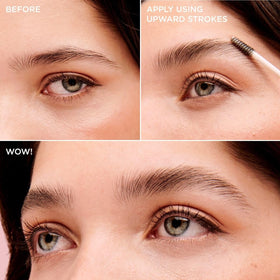 Benefit side-by-side before and after brows showing fuller, natural-feathered finish benefit