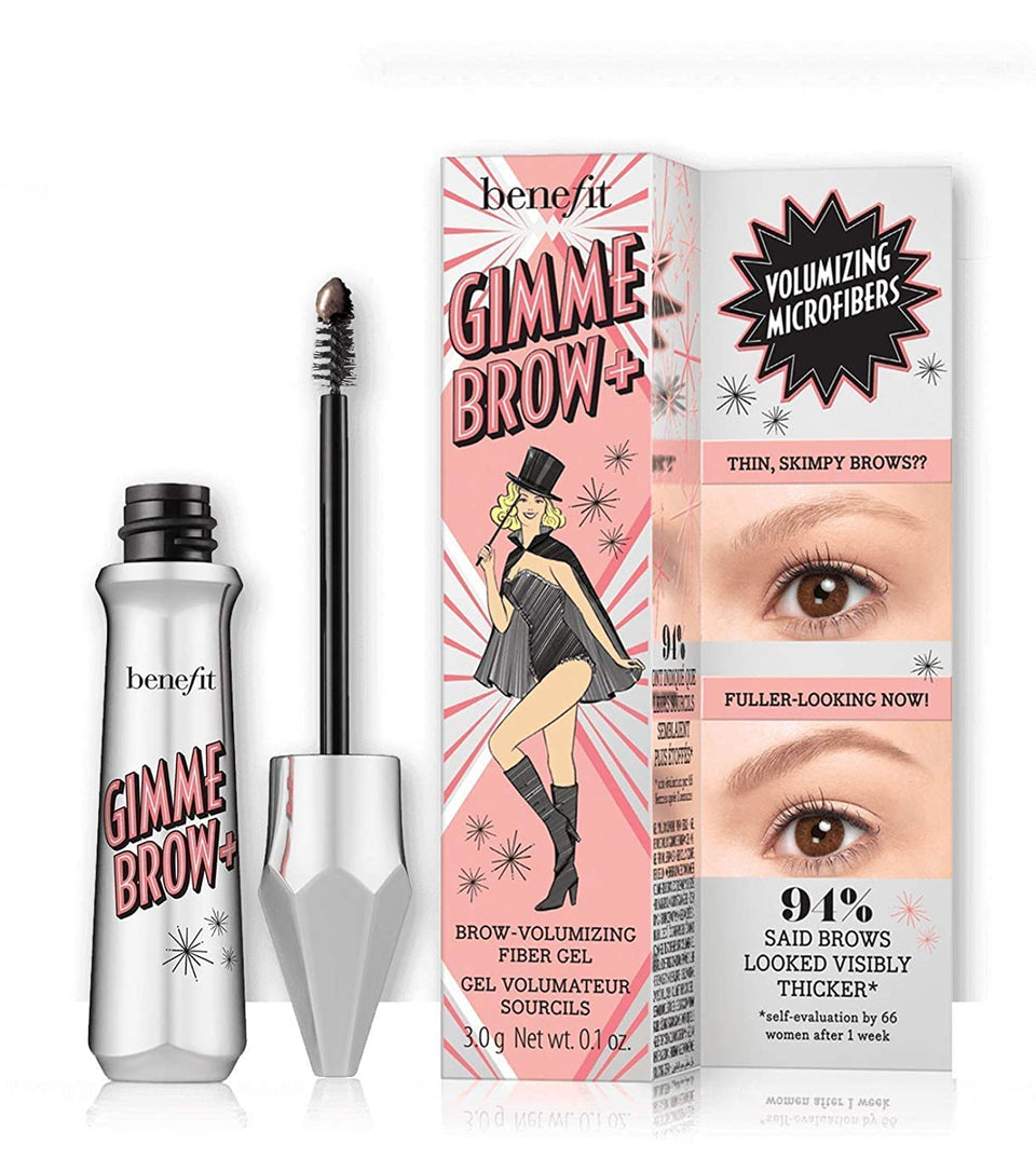 Benefit Gimme Brow front tube showing label, compact size, and instant volumizing effect