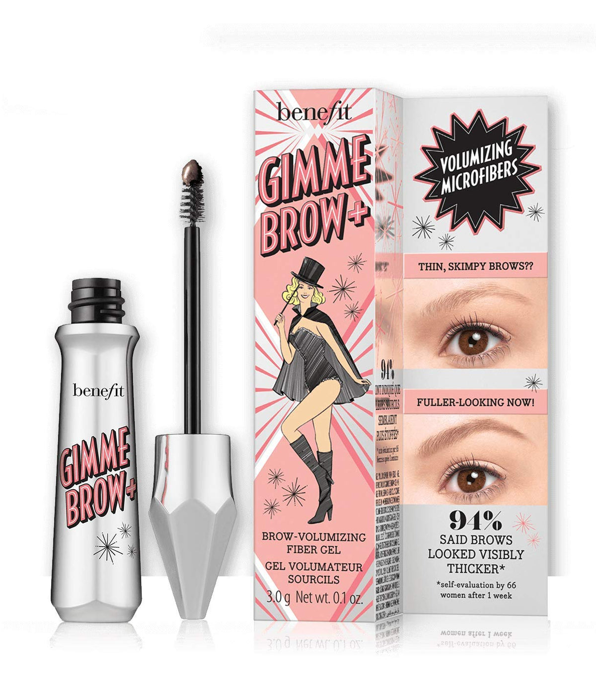 Benefit Gimme Brow+ tube front view showing neutral deep brown shade and compact wand