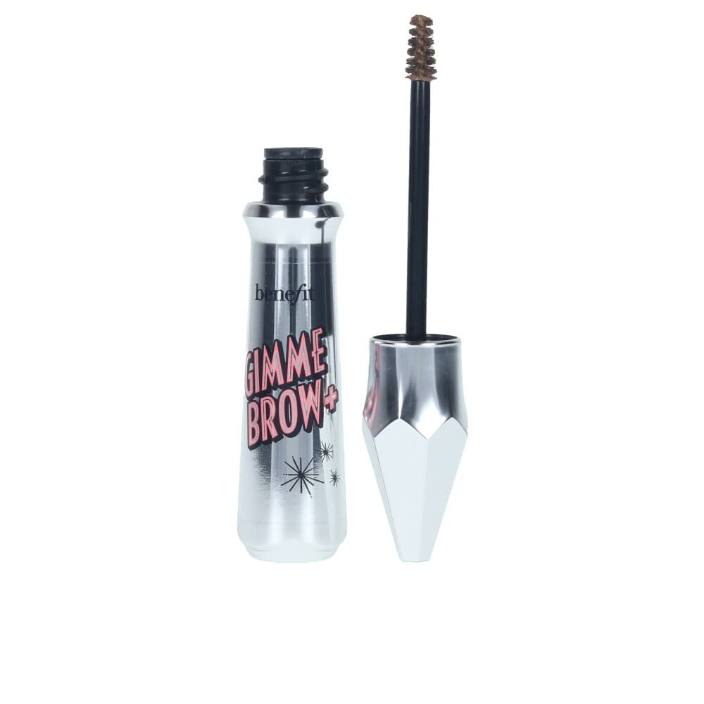 Benefit Gimme Brow+ tube front showing shade 02 and compact brush for natural volume