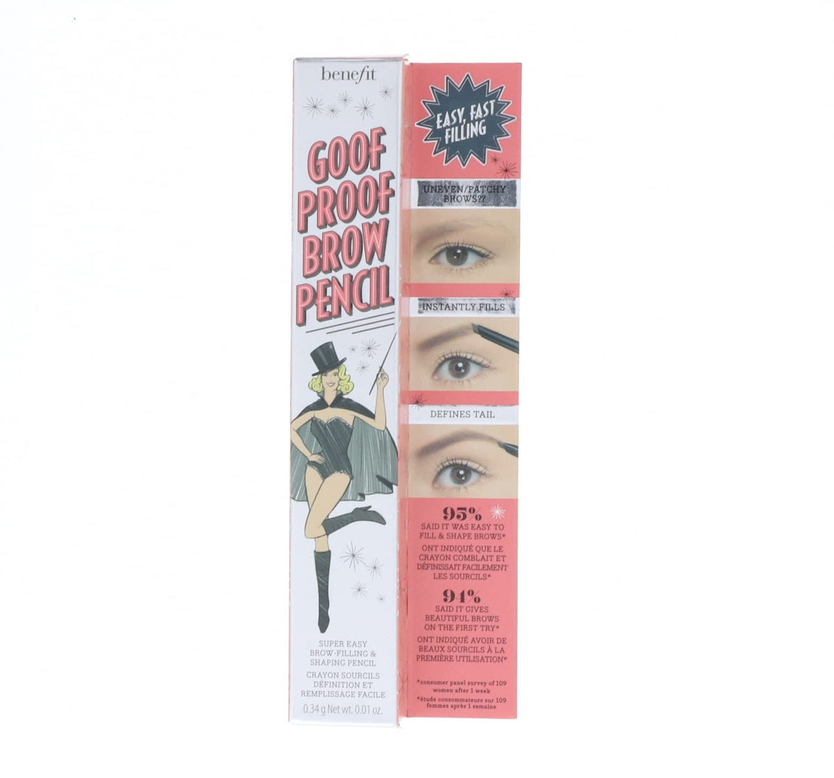 Benefit pencil next to lipstick showing compact DLX 0.01 oz size ideal for travel and touch-ups