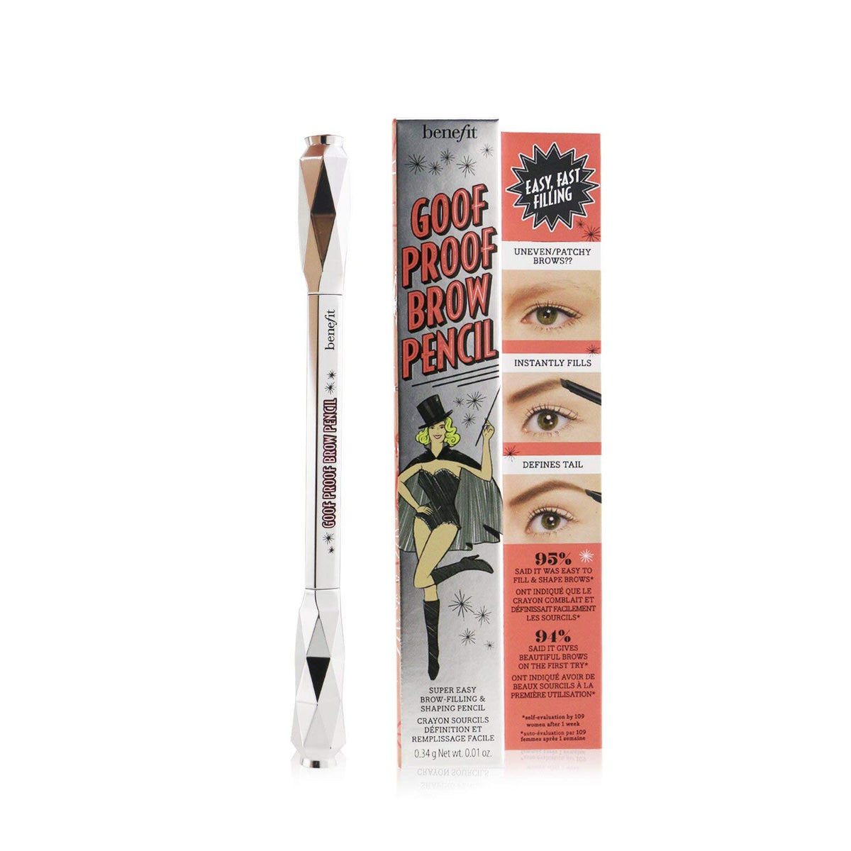 Benefit Goof Proof teardrop tip close-up showing dual-edge shape for fast filling and precision