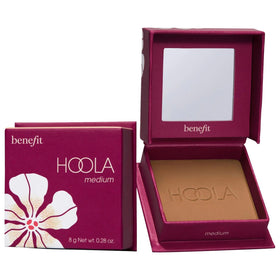 Benefit Hoola compact front view showing sleek purple case and label for easy travel