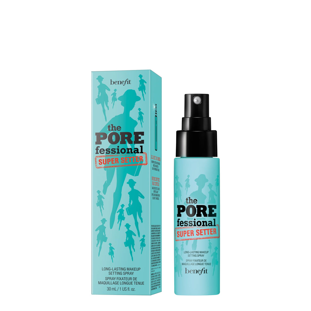 Benefit The POREfessional Super Setter mist on face demonstrating long-lasting makeup hold