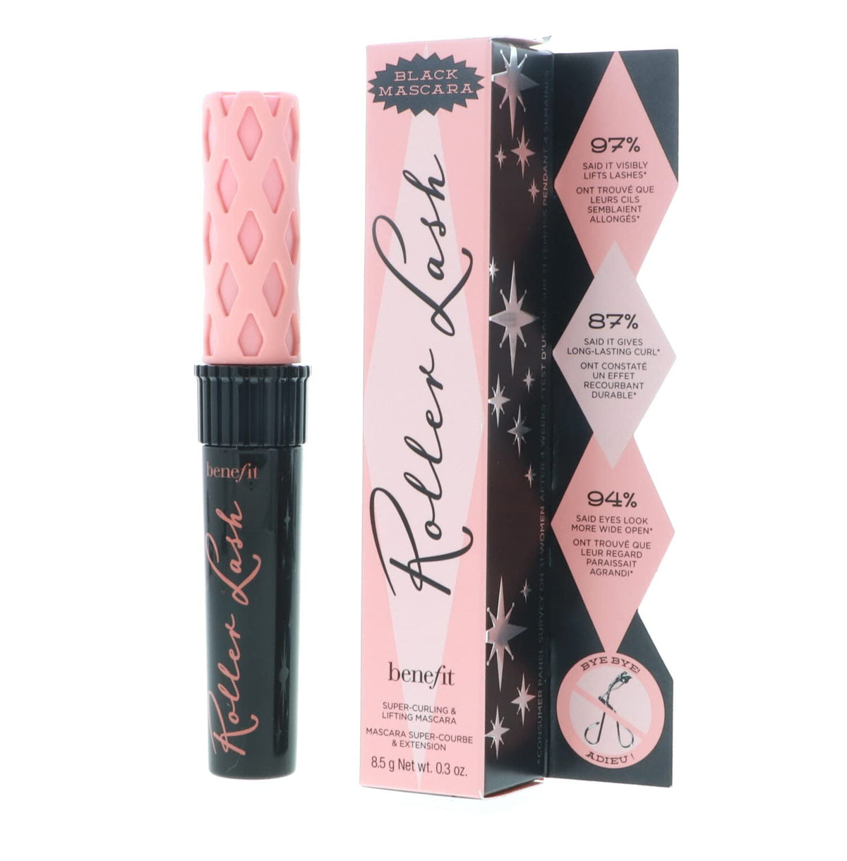 Benefit before and after lashes comparison showing visible curl and definition benefit