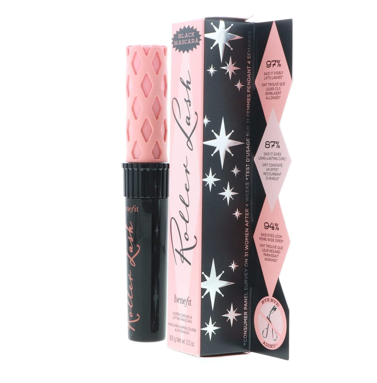 Benefit product packaging and label close-up showing ingredient and shade clarity benefit