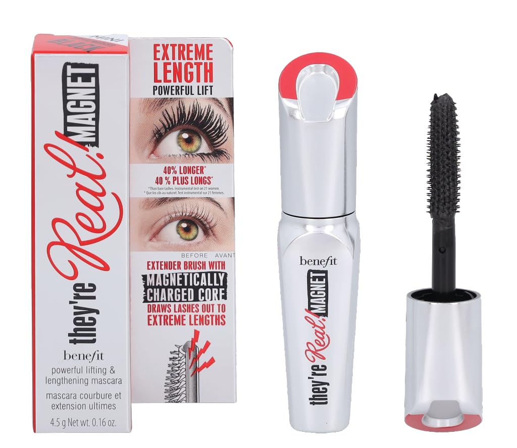 Benefit front packaging of mini magnet mascara showing compact size and bold label, perfect for travel