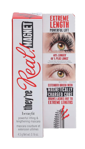 Benefit swiped mascara on lashes showing extended tips and lifted effect for dramatic length