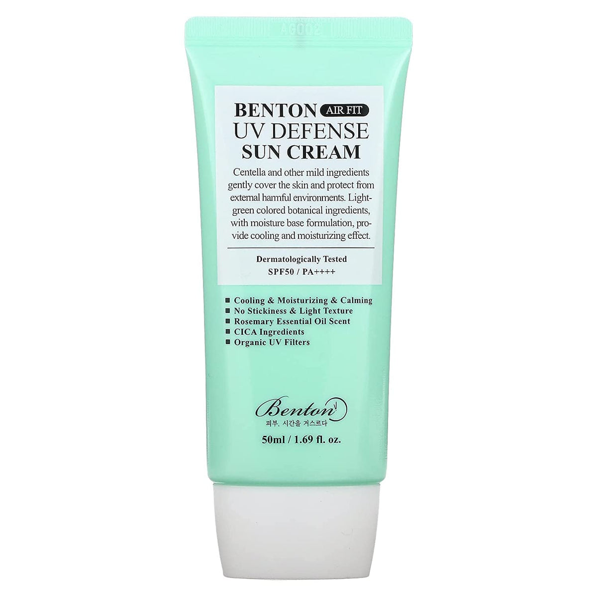 BENTON front packaging showing SPF50+ protection and compact tube