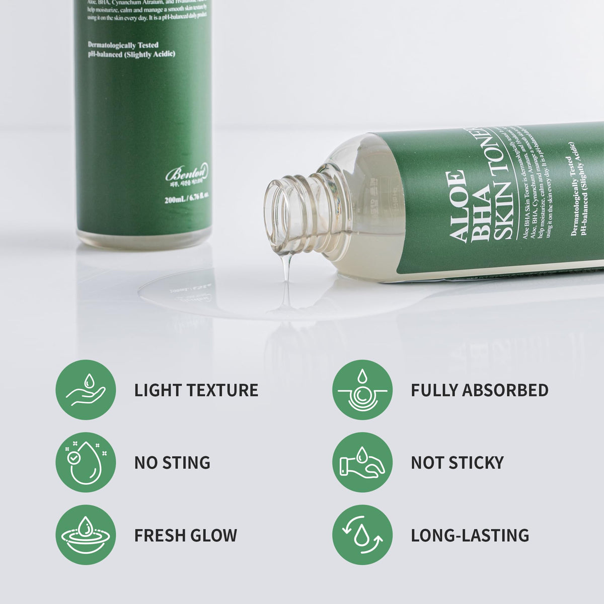 BENTON toner pouring onto cotton pad illustrating easy application benefit