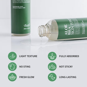 BENTON toner pouring onto cotton pad illustrating easy application benefit