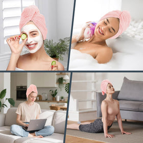 BEoffer towel drying curly hair in bathroom preserving curl shape