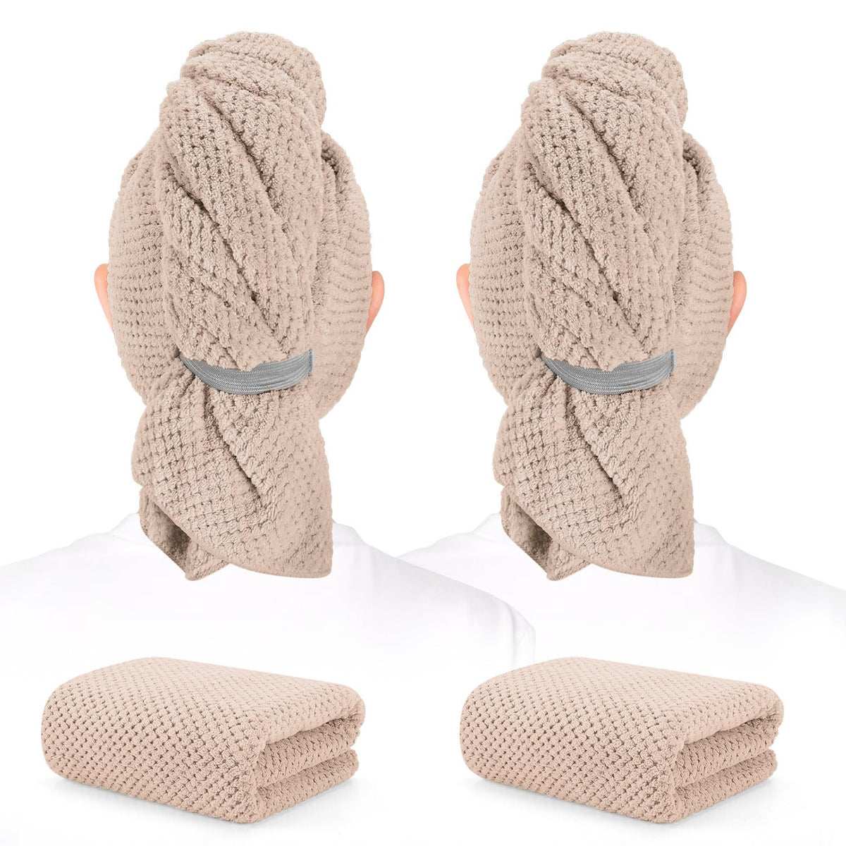 BEoffer front view of two hair towels, shows size and packaging benefit