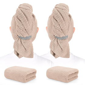 BEoffer front view of two hair towels, shows size and packaging benefit