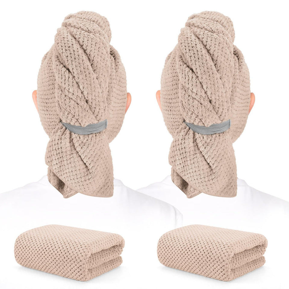 BEoffer front view of two hair towels, shows size and packaging benefit