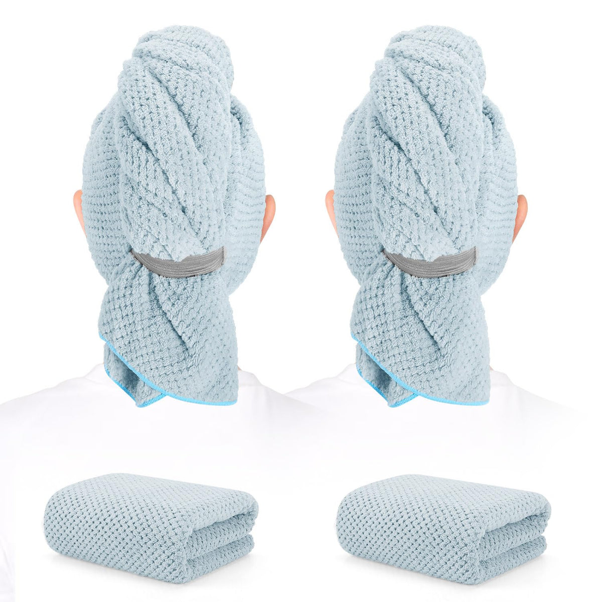 BEoffer front view of two packaged microfiber towels showing color and size benefits