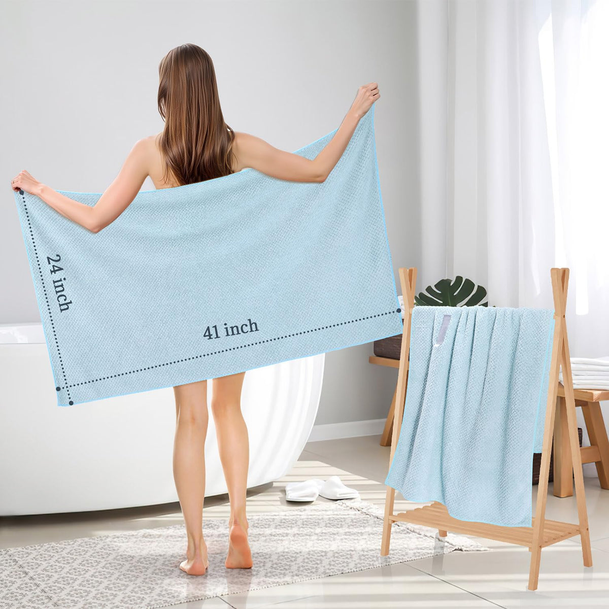 BEoffer towel next to measuring tape showing full 41 by 24 inch coverage