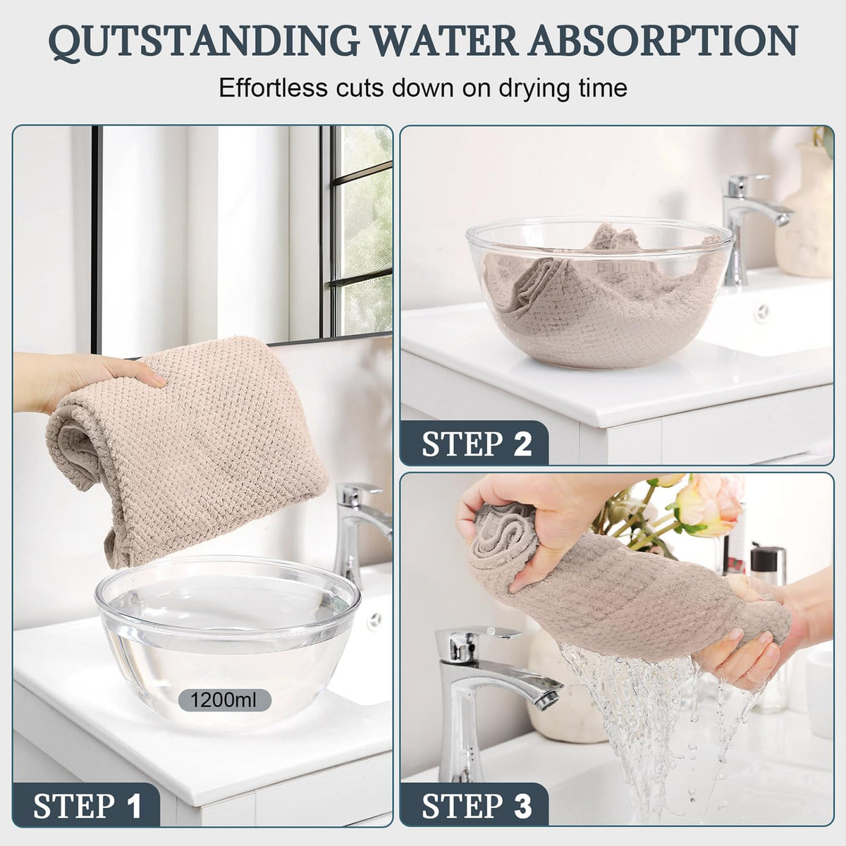BEoffer towel wrapped on woman, demonstrates secure, frizz-reducing benefit