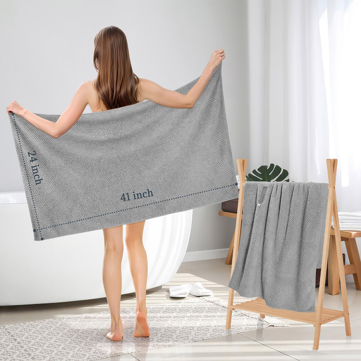 BEoffer towel in use wrapped on woman showing frizz reduction benefit