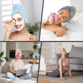 BEoffer towel absorbing water from wet hair, illustrates quicker drying benefit