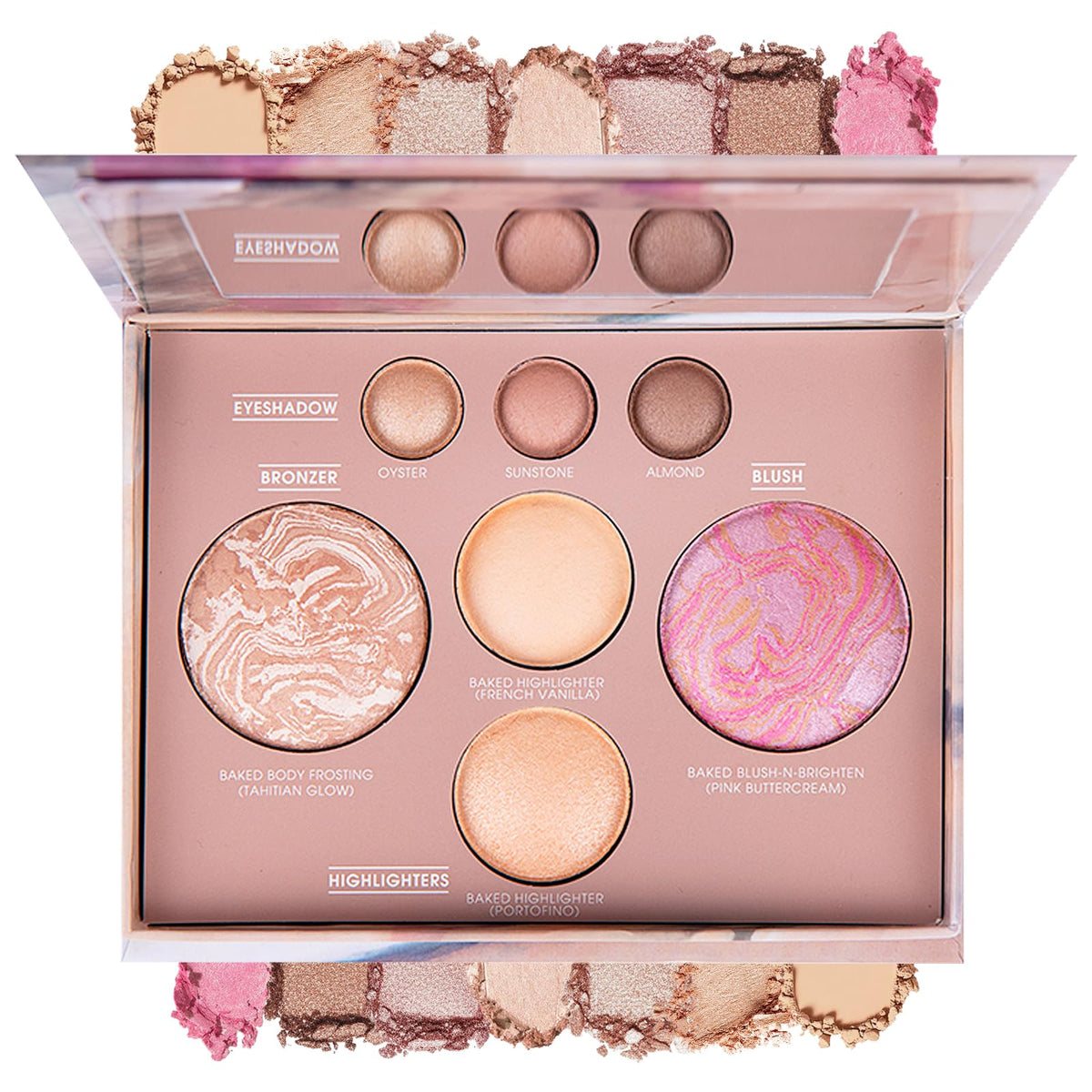 BERALLOYE palette front view showing seven full-size pans and compact design benefit