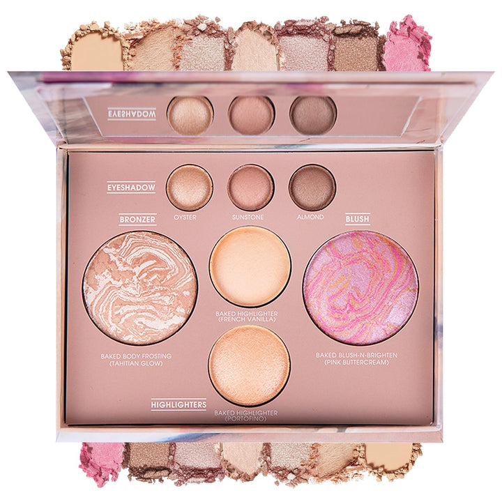 BERALLOYE palette front view showing seven full-size pans and compact design benefit