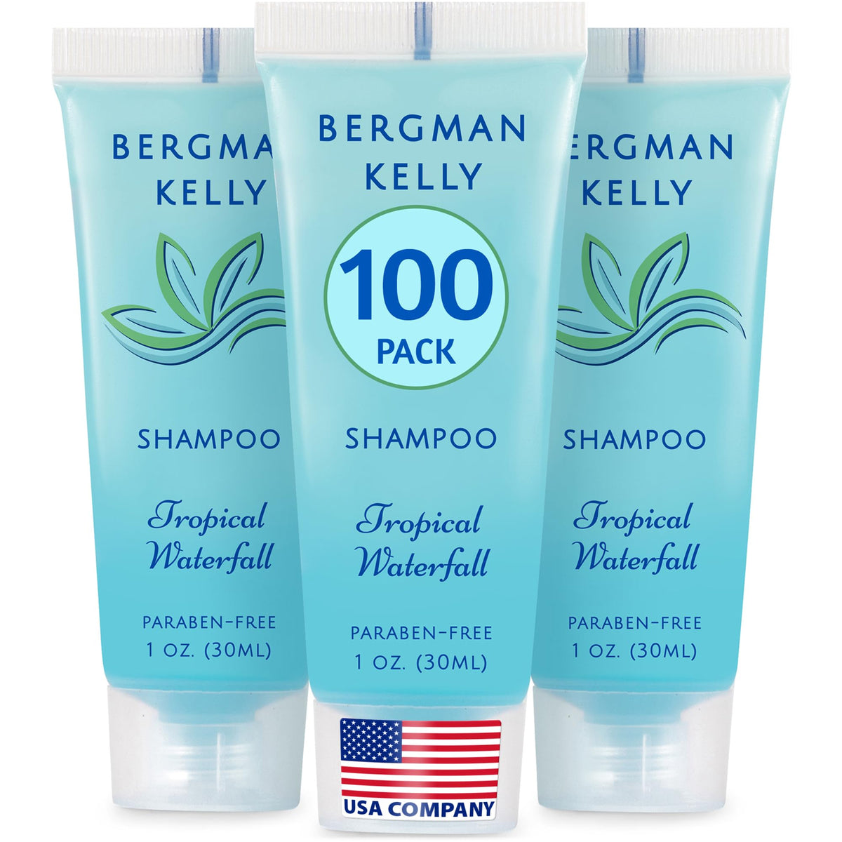 BERGMAN KELLY front bottle showing Tropical Waterfall scent and easy-grip label benefit