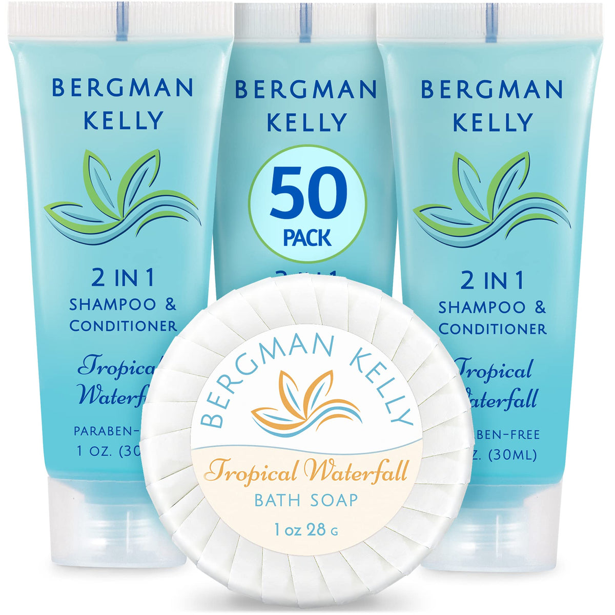 BERGMAN KELLY front packaging showing tropical waterfall scent and guest-ready benefits