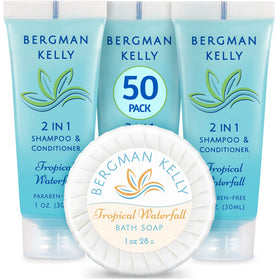 BERGMAN KELLY front packaging showing tropical waterfall scent and guest-ready benefits