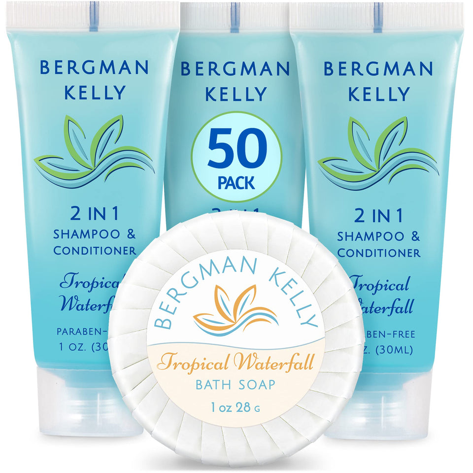 BERGMAN KELLY front packaging showing tropical waterfall scent and guest-ready benefits