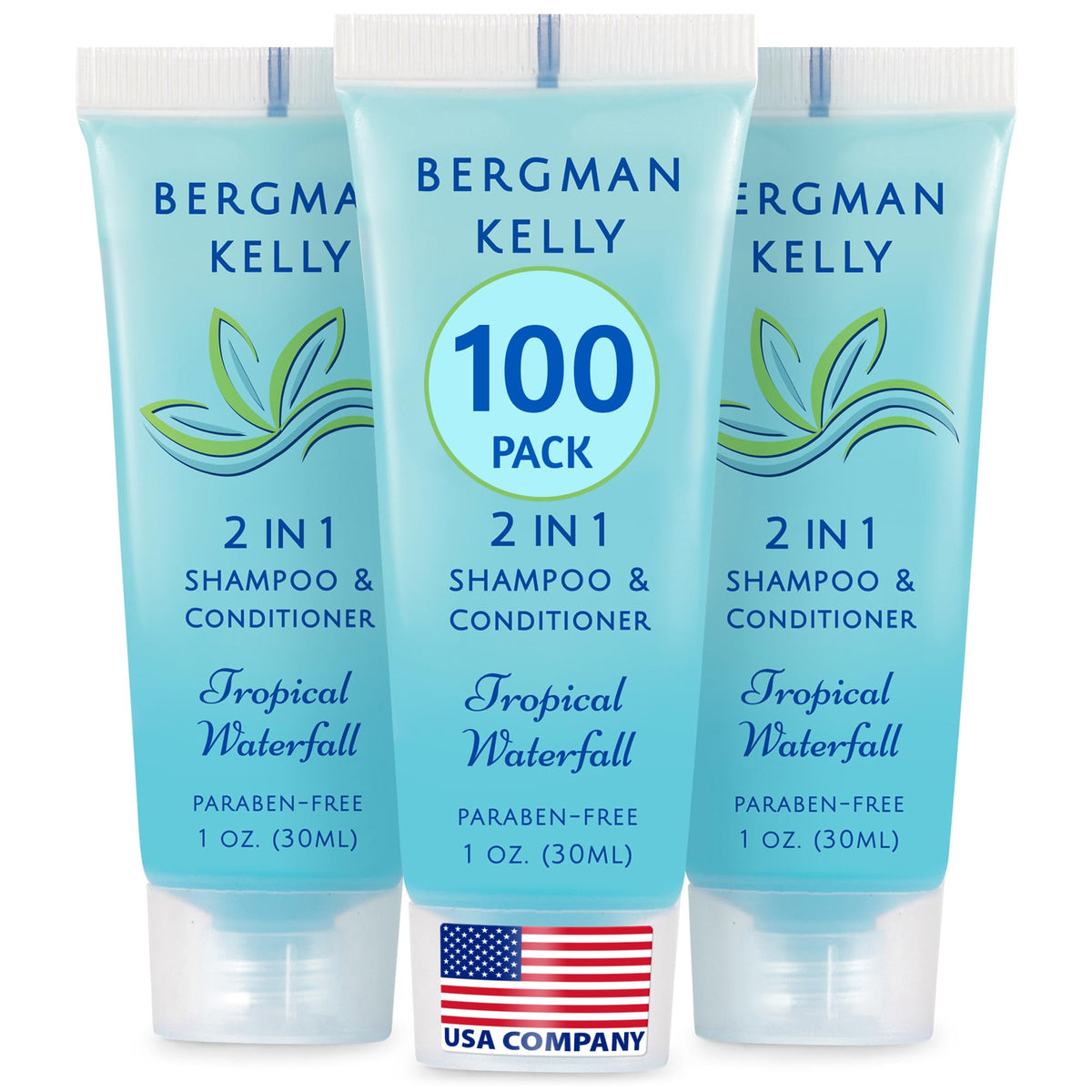 Bergman Kelly front packaging showing Tropical Waterfall scent and guest-ready design