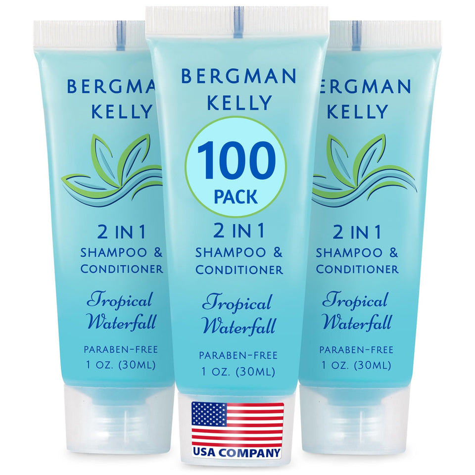 Bergman Kelly front packaging showing Tropical Waterfall scent and guest-ready design