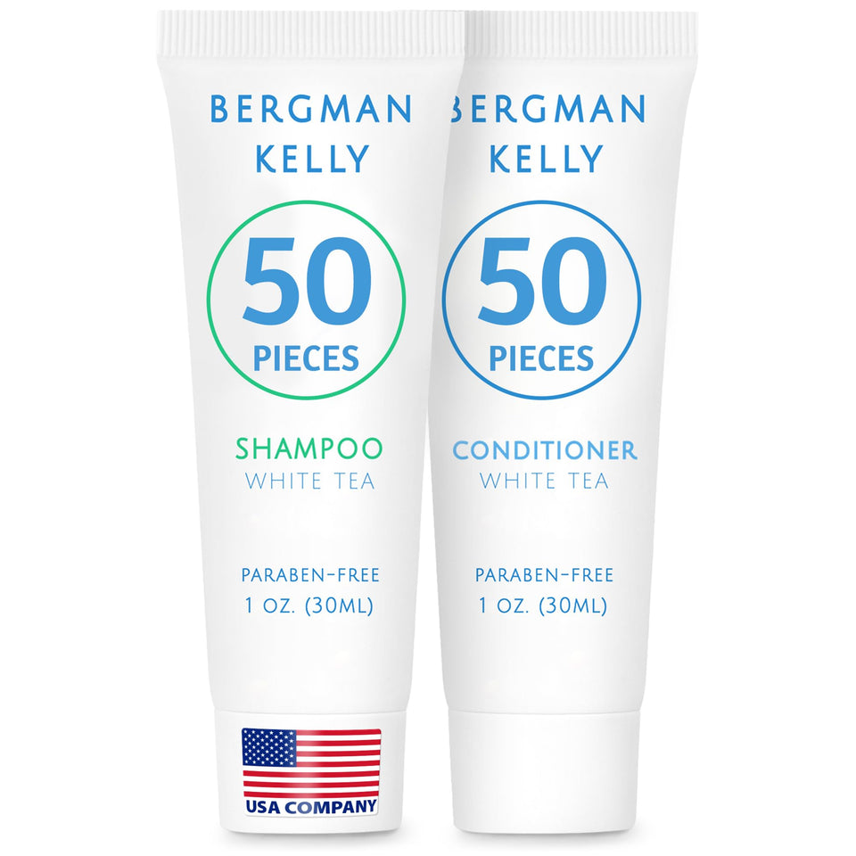 Bergman Kelly front packaging showing shampoo and conditioner set and white tea scent benefit