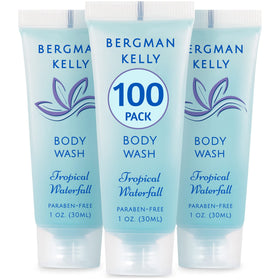 BERGMAN KELLY front packaging shows 100 travel body wash bottles with clean presentation and convenience