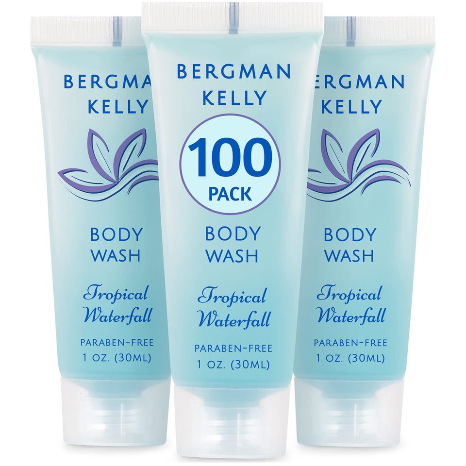 BERGMAN KELLY front packaging shows 100 travel body wash bottles with clean presentation and convenience