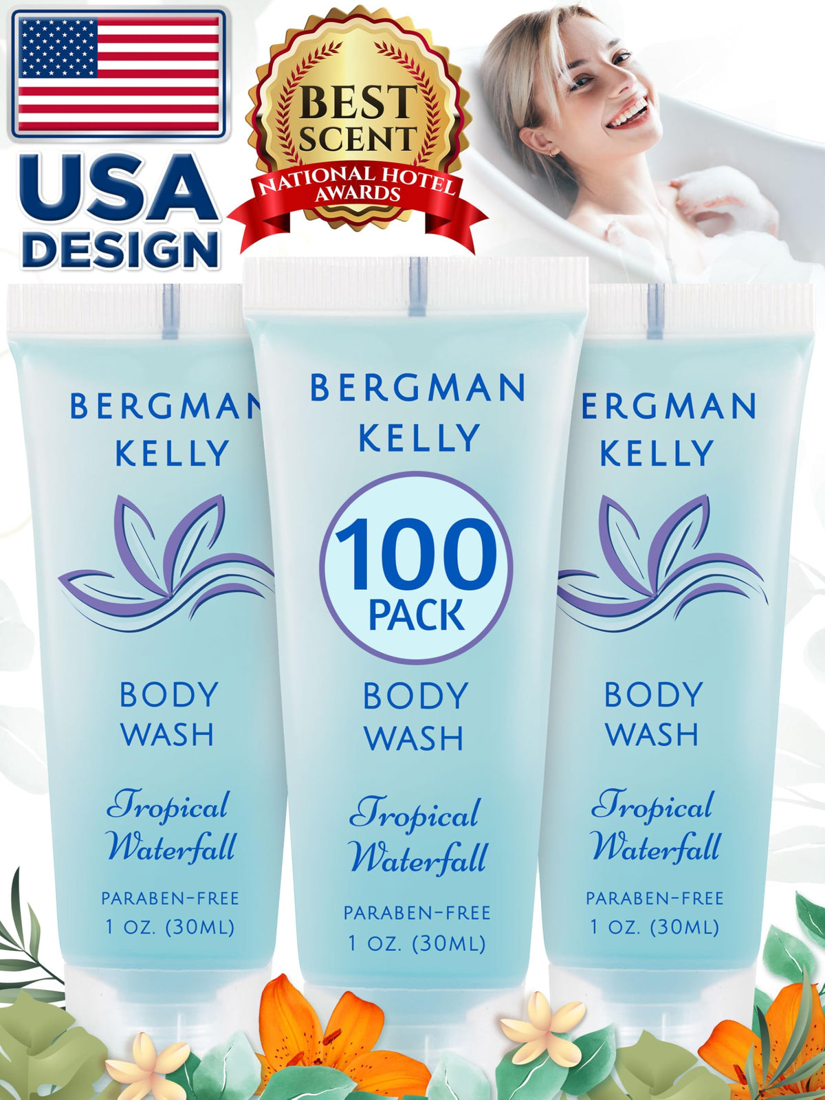 BERGMAN KELLY hospitality setting with bottles on tray conveying professional guest-ready toiletries