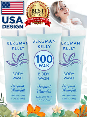 BERGMAN KELLY hospitality setting with bottles on tray conveying professional guest-ready toiletries