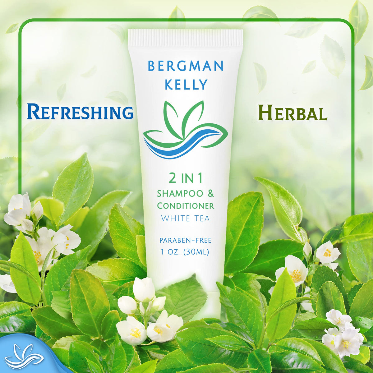 BERGMAN KELLY tube placed in an amenity tray in a hotel bathroom showcasing guest-ready presentation