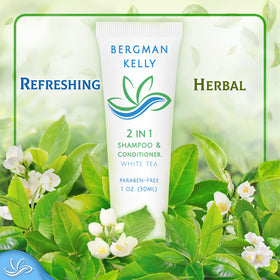 BERGMAN KELLY tube placed in an amenity tray in a hotel bathroom showcasing guest-ready presentation