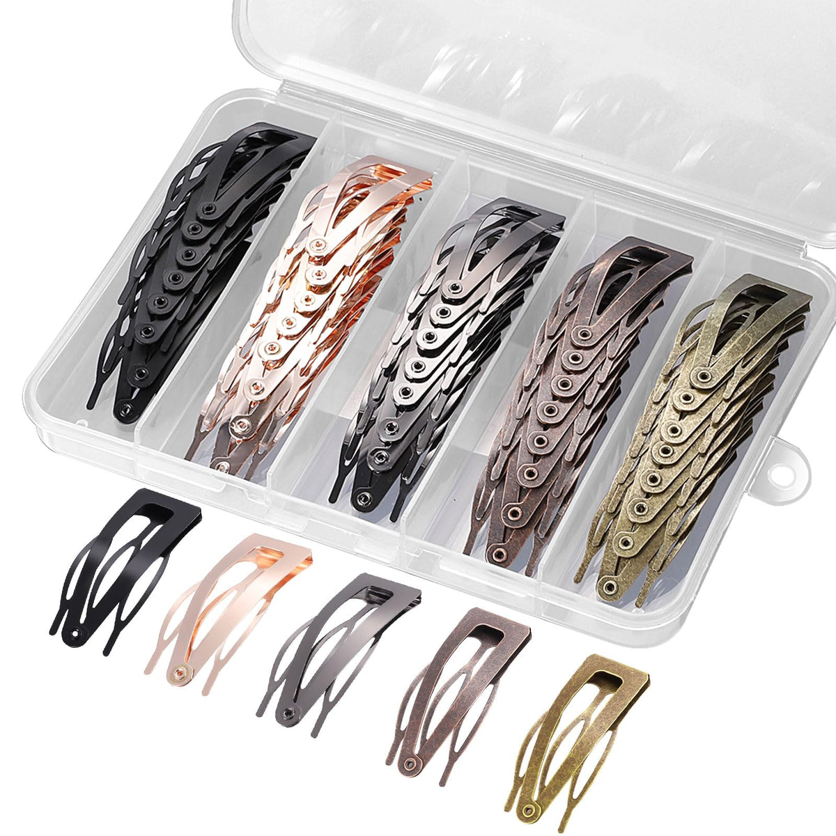 BESARME front view of 40-piece clip set showing five colors for versatile styling