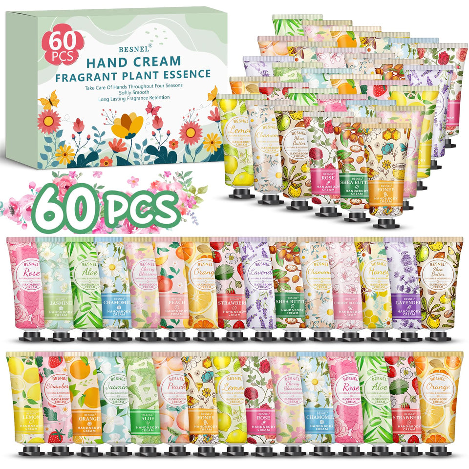 BESNEL front packaging showing 60 mini hand cream tubes and variety benefits