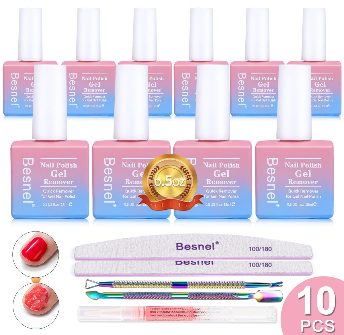 BESNEL front packaging showing 10 travel-size remover bottles and tools for fast removal