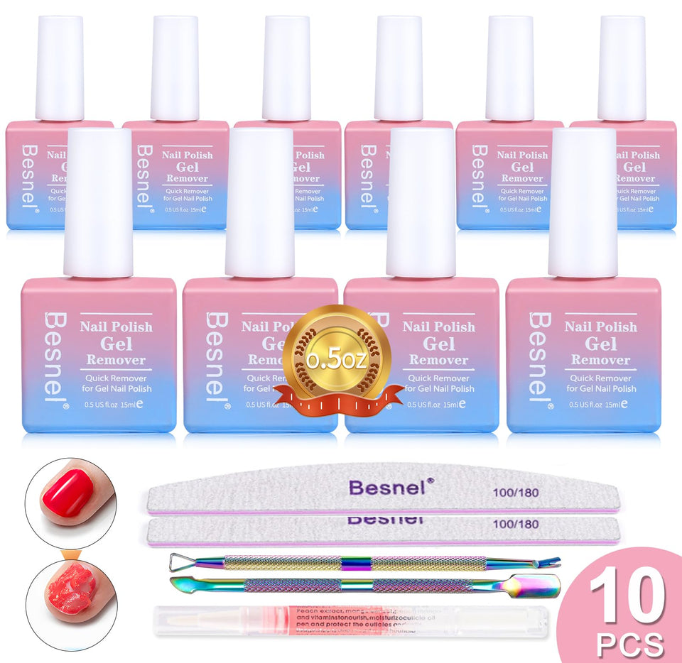 BESNEL front packaging showing 10 travel-size remover bottles and tools for fast removal
