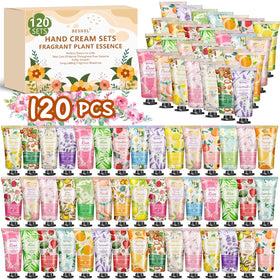 BESNEL front pack showing 120 mini hand cream tubes and assorted fragrances benefits gifting