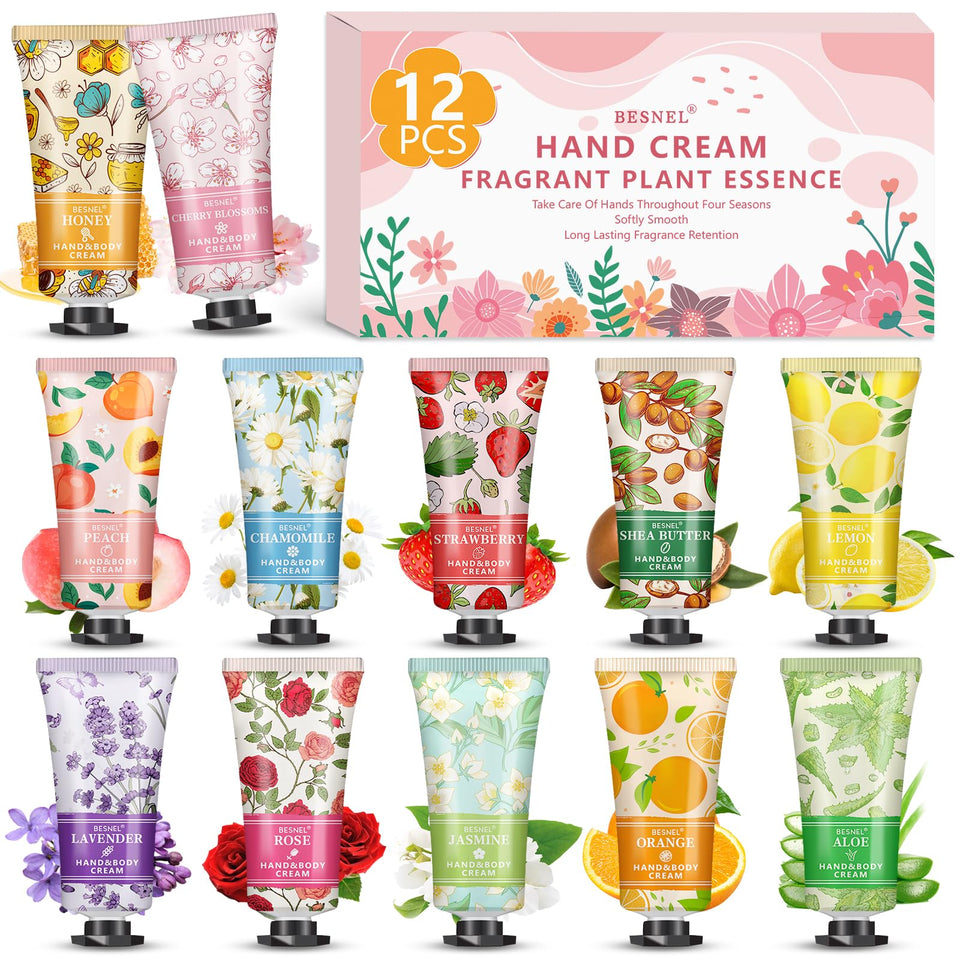 BESNEL front packaging showing 12 colorful hand cream tubes and gift-ready presentation