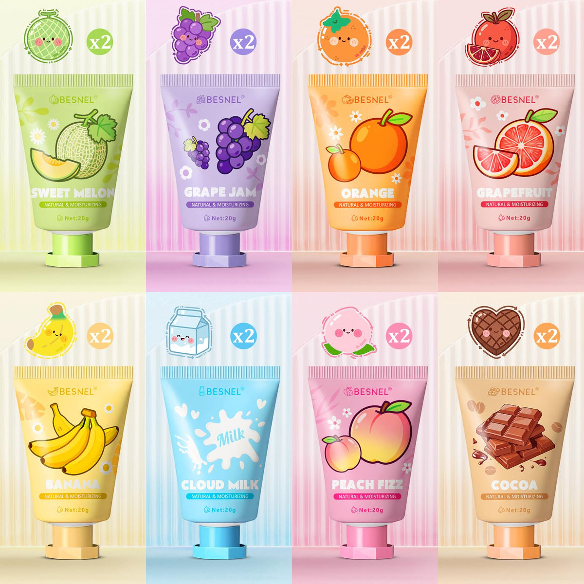 BESNEL arrangement of all eight scent varieties to highlight fragrance selection benefit