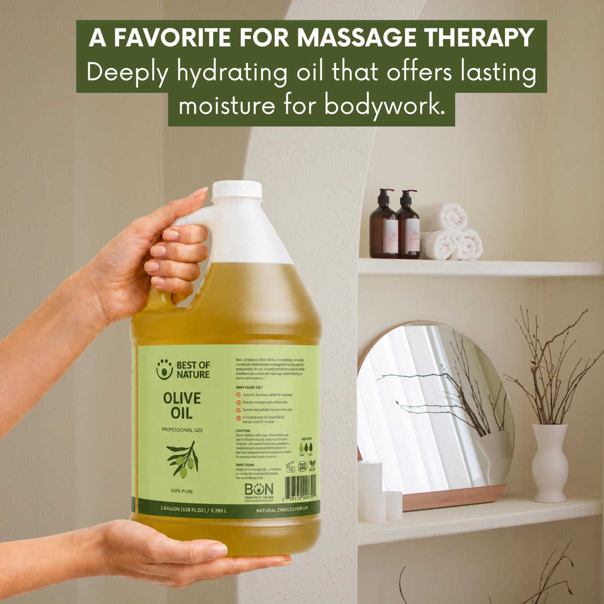 Best of Nature bottle in a bath setting showing relaxation and multipurpose benefit